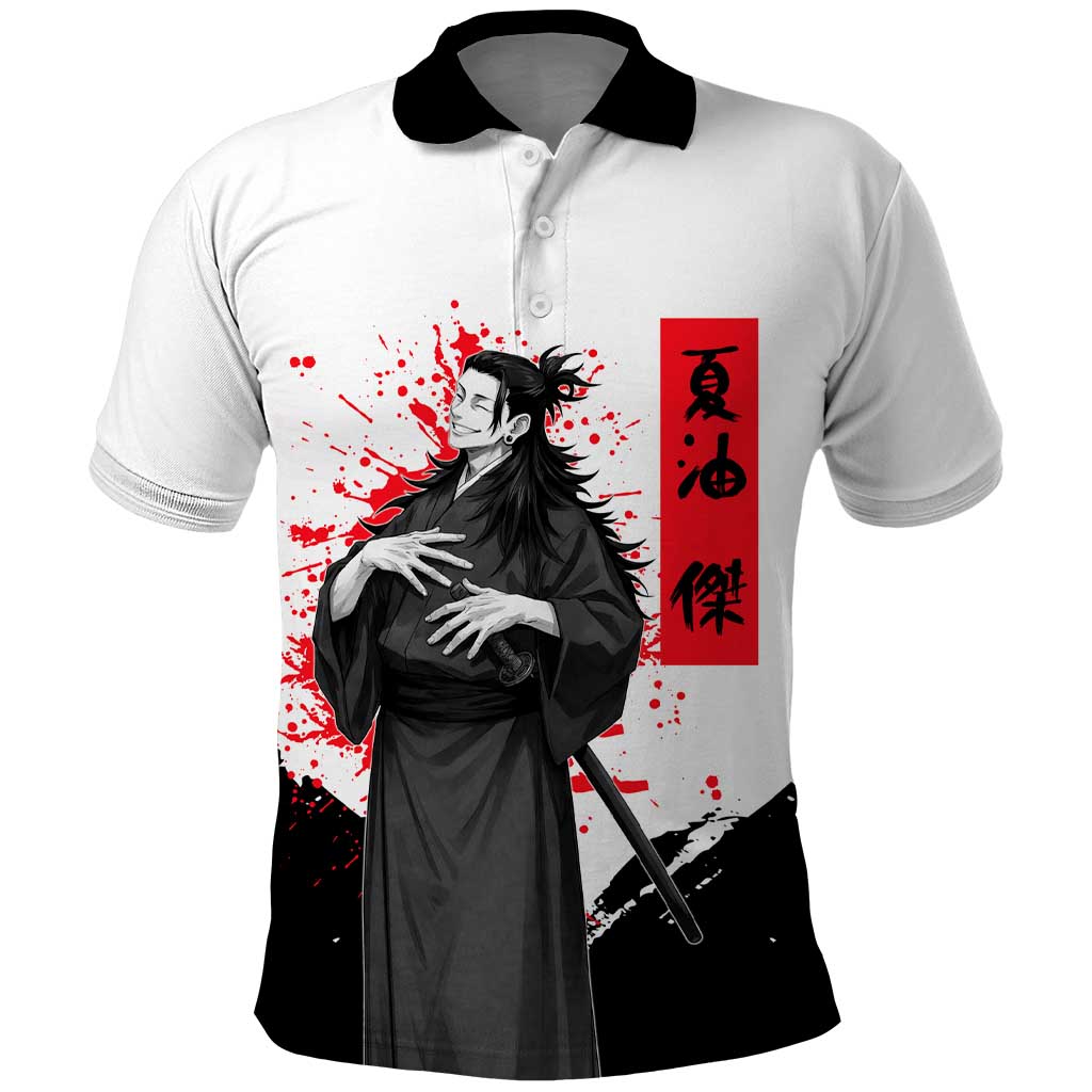 Suguru Geto Jujutsu Kaisen Samurai Style Polo Shirt with Katana, Red Kanji Accents and Oni Mask Graphic - The Mazicc