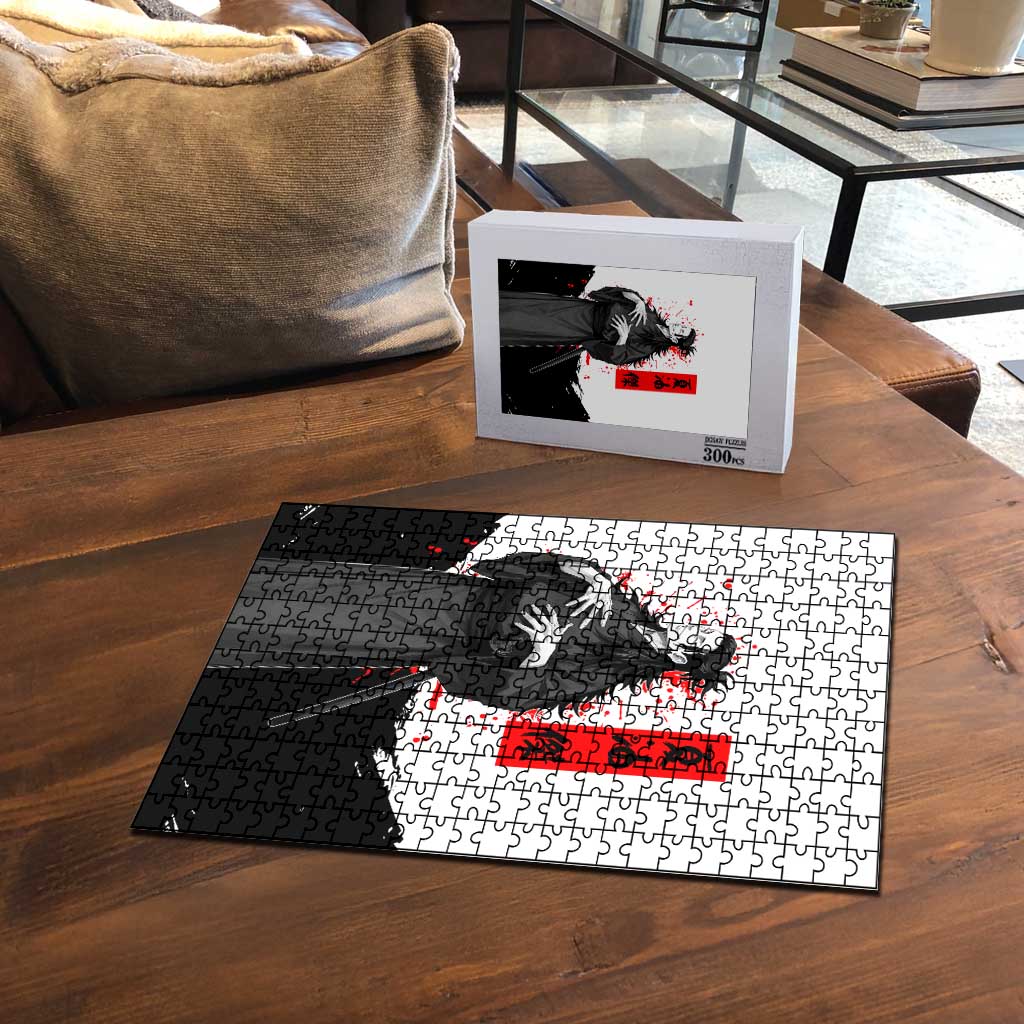 Suguru Geto Jujutsu Kaisen Samurai Style Puzzle with Katana, Red Kanji Accents and Oni Mask Graphic - The Mazicc