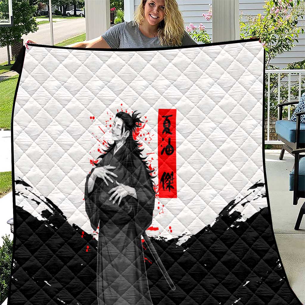 Suguru Geto Jujutsu Kaisen Samurai Style Quilt with Katana, Red Kanji Accents and Oni Mask Graphic - The Mazicc