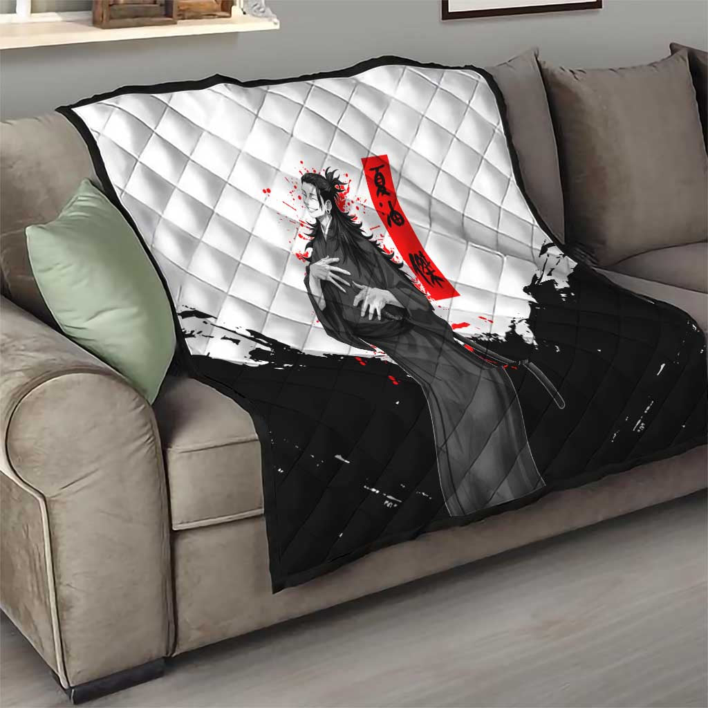 Suguru Geto Jujutsu Kaisen Samurai Style Quilt with Katana, Red Kanji Accents and Oni Mask Graphic - The Mazicc