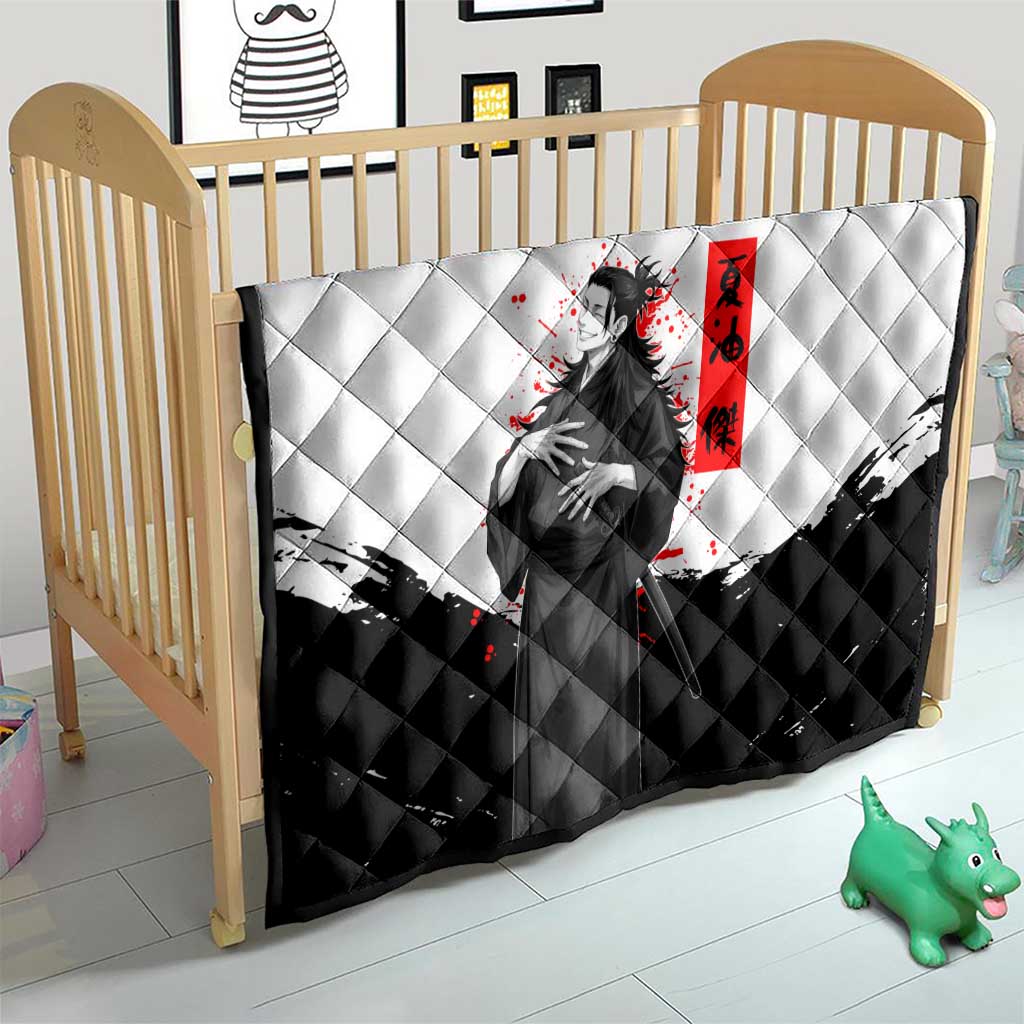 Suguru Geto Jujutsu Kaisen Samurai Style Quilt with Katana, Red Kanji Accents and Oni Mask Graphic - The Mazicc