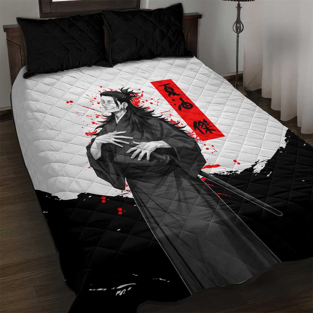 Suguru Geto Jujutsu Kaisen Samurai Style Quilt Bed Set with Katana, Red Kanji Accents and Oni Mask Graphic - The Mazicc