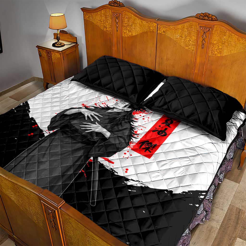Suguru Geto Jujutsu Kaisen Samurai Style Quilt Bed Set with Katana, Red Kanji Accents and Oni Mask Graphic - The Mazicc