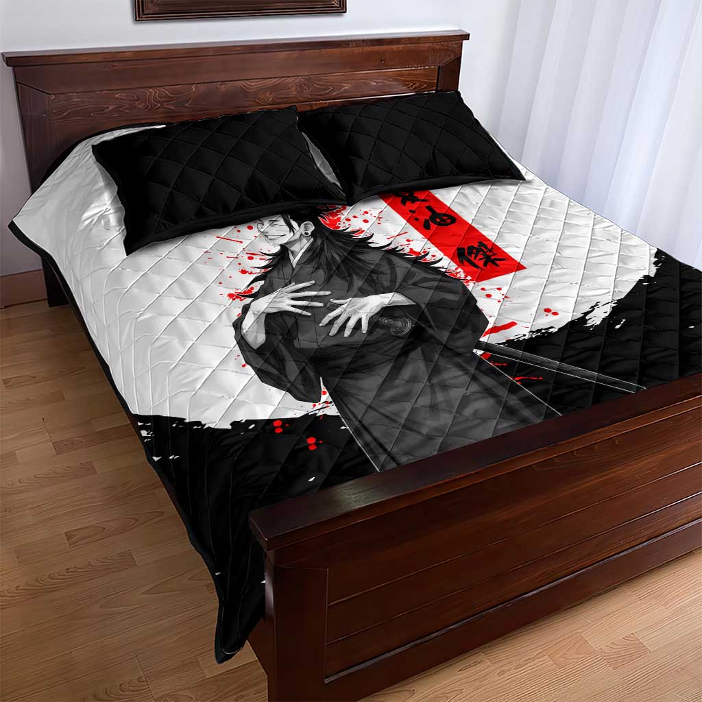 Suguru Geto Jujutsu Kaisen Samurai Style Quilt Bed Set with Katana, Red Kanji Accents and Oni Mask Graphic - The Mazicc