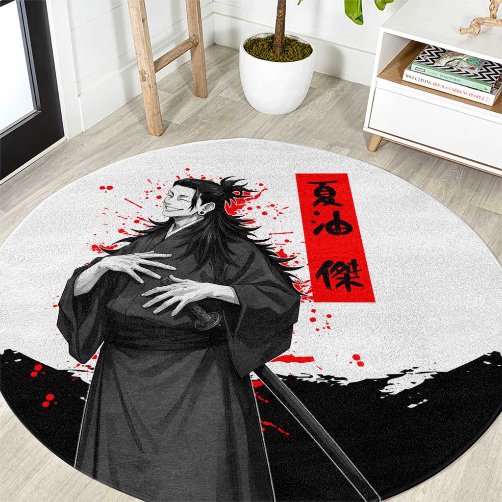 Suguru Geto Jujutsu Kaisen Samurai Style Round Carpet with Katana, Red Kanji Accents and Oni Mask Graphic - The Mazicc
