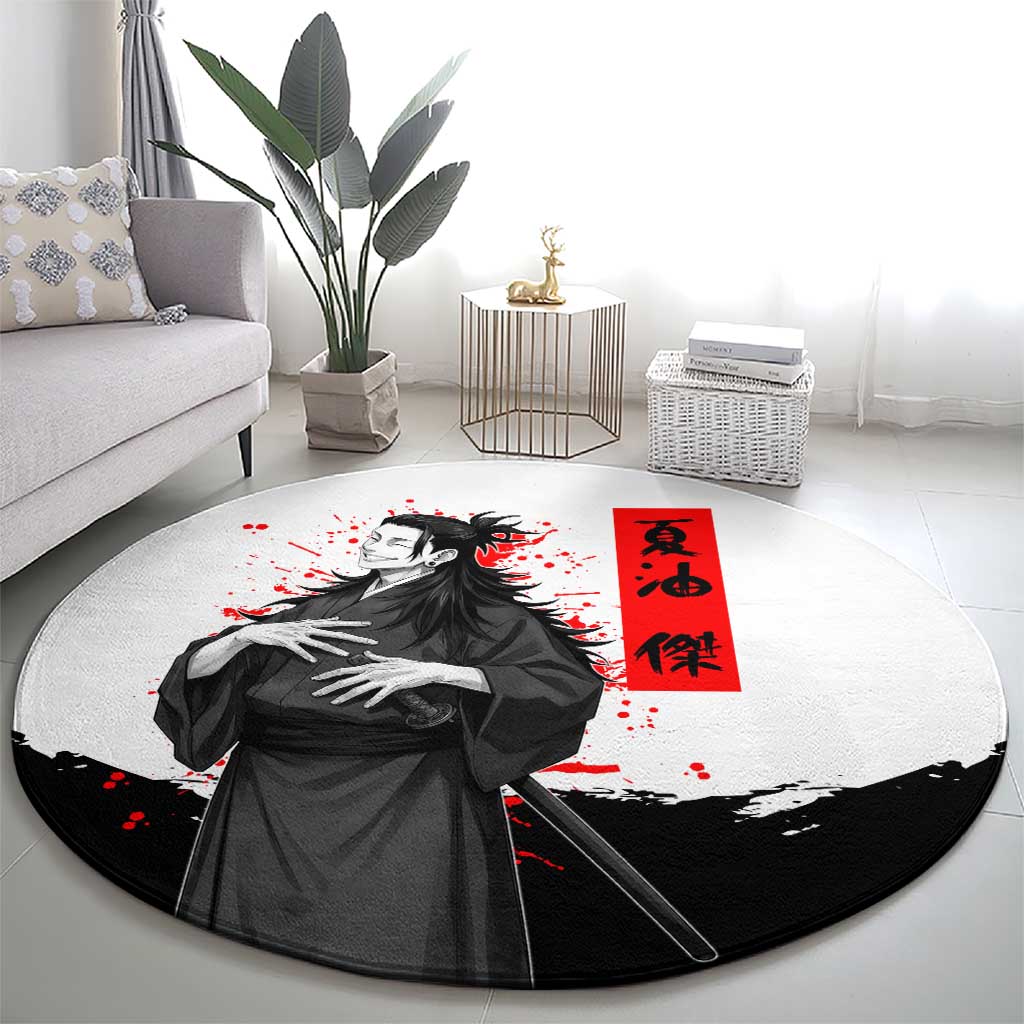 Suguru Geto Jujutsu Kaisen Samurai Style Round Carpet with Katana, Red Kanji Accents and Oni Mask Graphic - The Mazicc