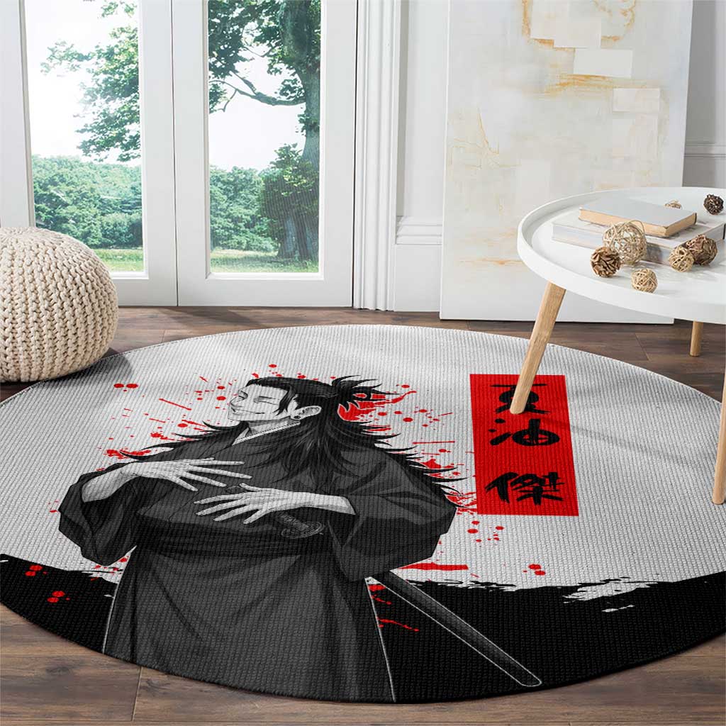 Suguru Geto Jujutsu Kaisen Samurai Style Round Carpet with Katana, Red Kanji Accents and Oni Mask Graphic - The Mazicc