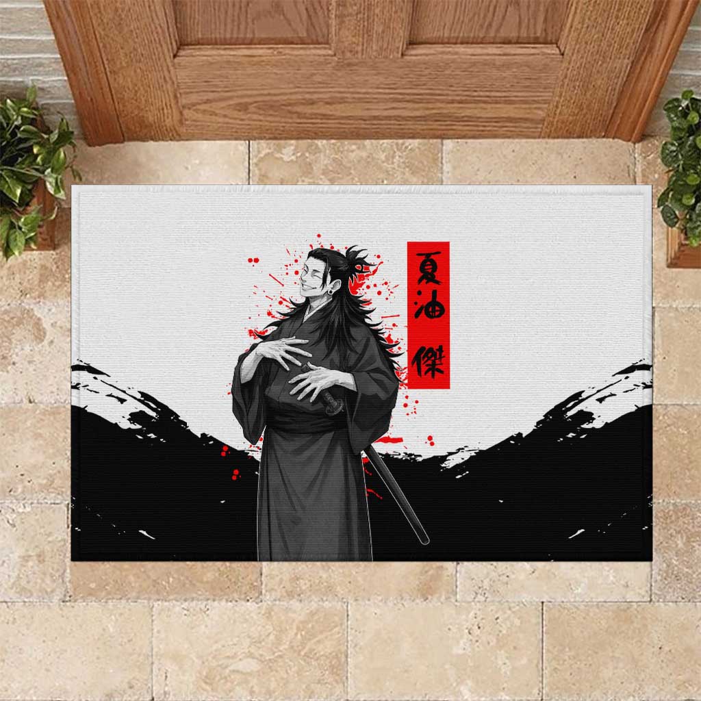 Suguru Geto Jujutsu Kaisen Samurai Style Rubber Doormat with Katana, Red Kanji Accents and Oni Mask Graphic - The Mazicc