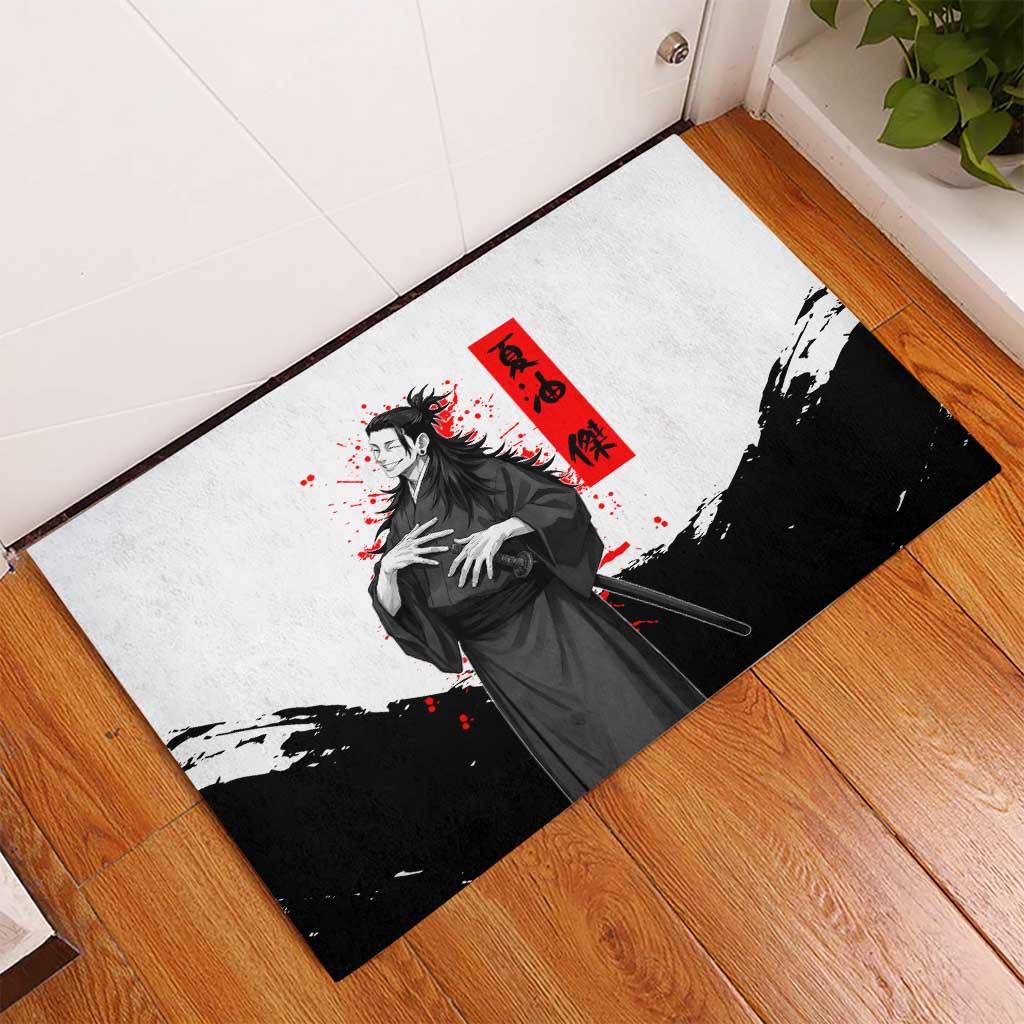 Suguru Geto Jujutsu Kaisen Samurai Style Rubber Doormat with Katana, Red Kanji Accents and Oni Mask Graphic - The Mazicc