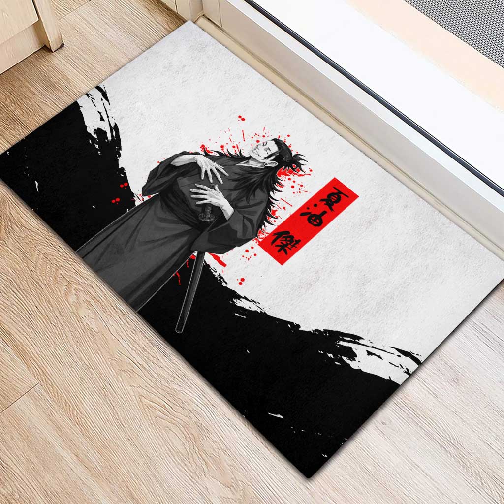 Suguru Geto Jujutsu Kaisen Samurai Style Rubber Doormat with Katana, Red Kanji Accents and Oni Mask Graphic - The Mazicc