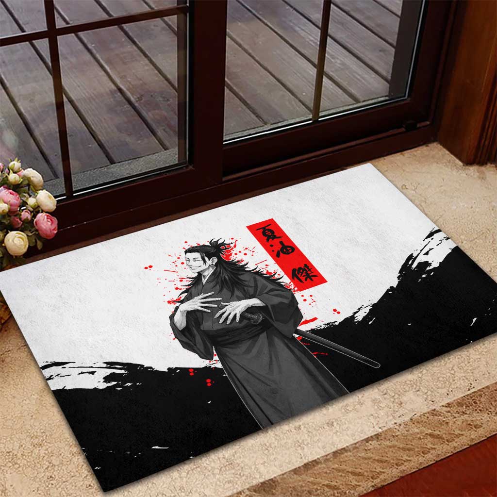 Suguru Geto Jujutsu Kaisen Samurai Style Rubber Doormat with Katana, Red Kanji Accents and Oni Mask Graphic - The Mazicc