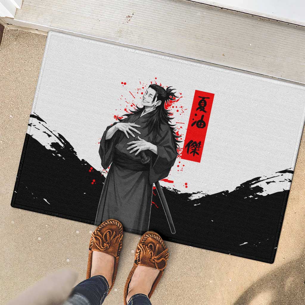 Suguru Geto Jujutsu Kaisen Samurai Style Rubber Doormat with Katana, Red Kanji Accents and Oni Mask Graphic - The Mazicc