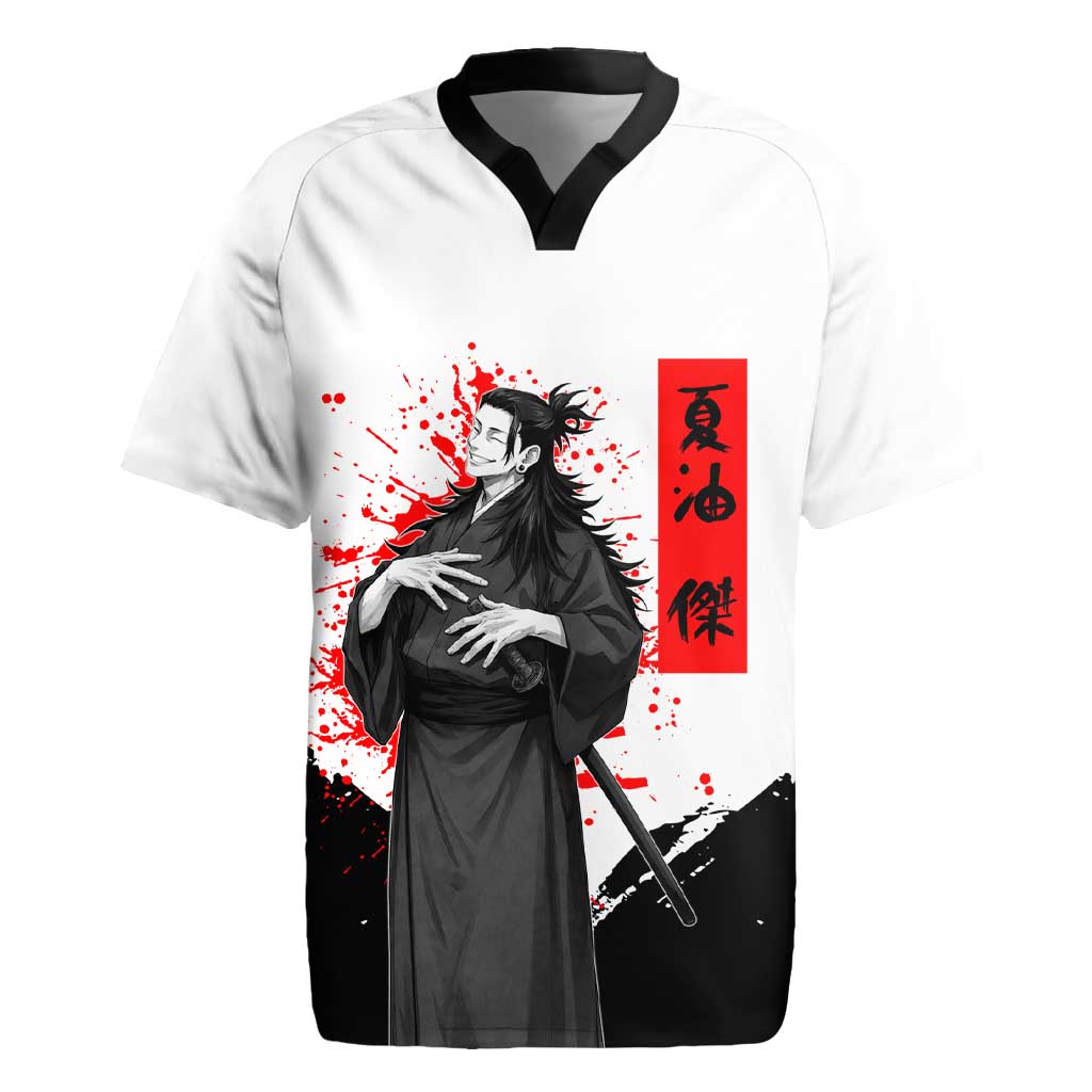 Suguru Geto Jujutsu Kaisen Samurai Style Rugby Jersey with Katana, Red Kanji Accents and Oni Mask Graphic - The Mazicc