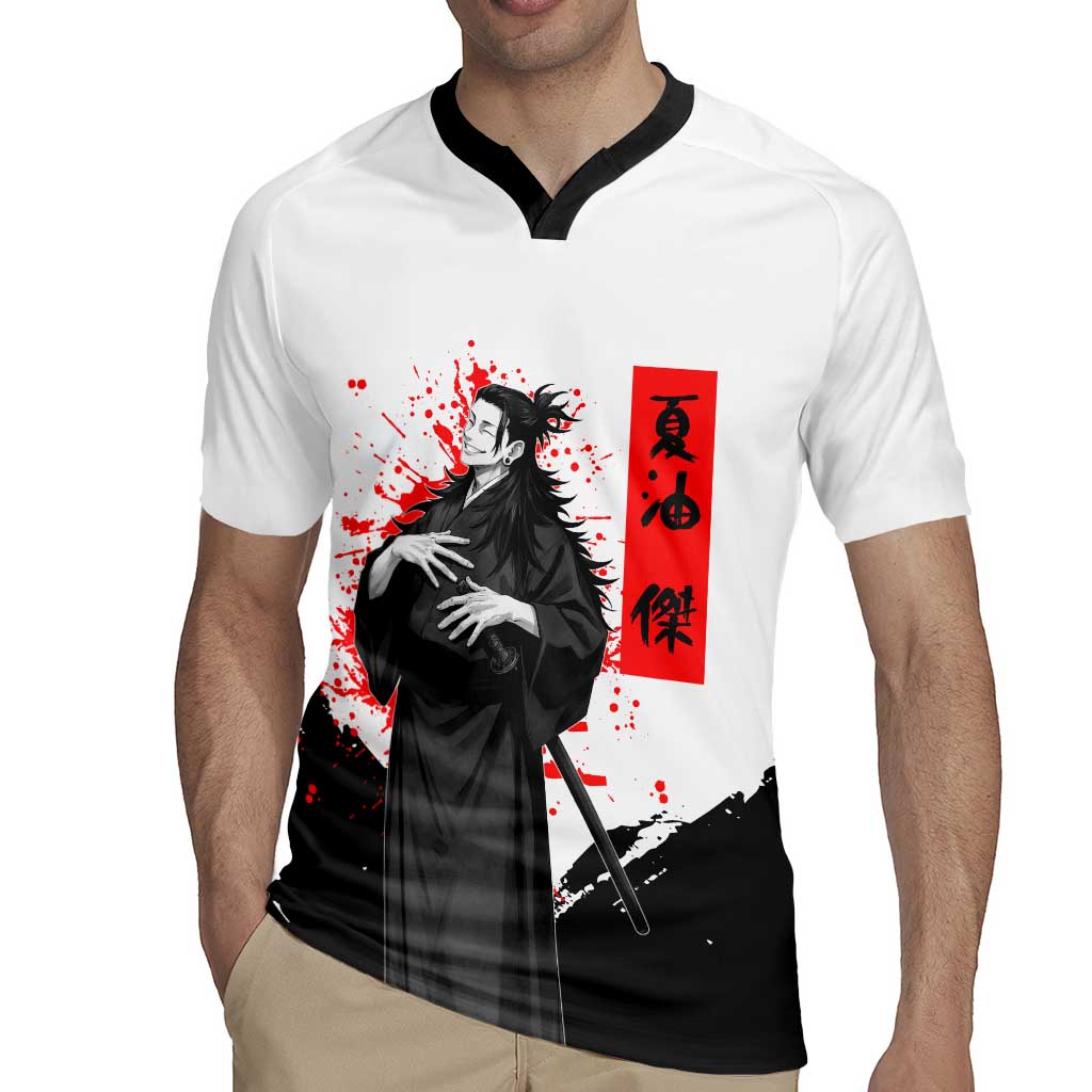Suguru Geto Jujutsu Kaisen Samurai Style Rugby Jersey with Katana, Red Kanji Accents and Oni Mask Graphic - The Mazicc