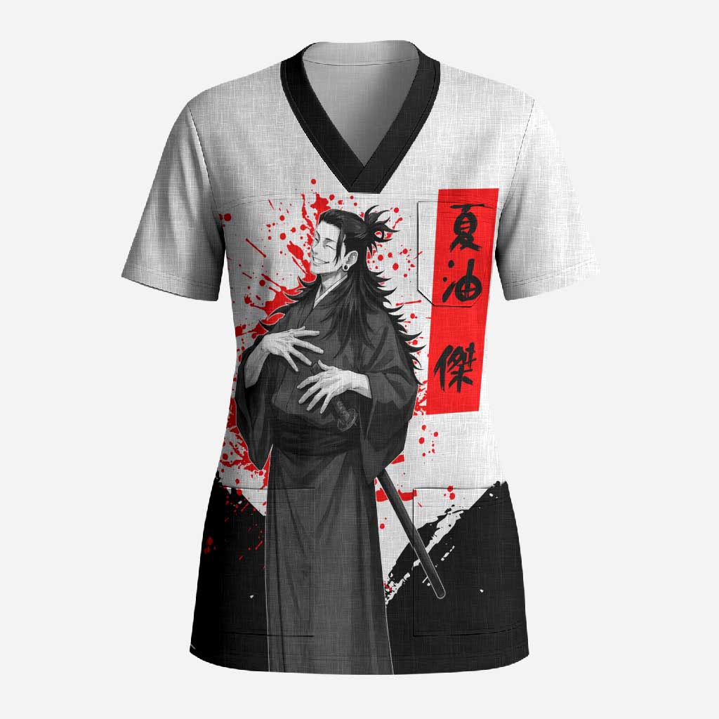 Suguru Geto Jujutsu Kaisen Samurai Style Scrub Top with Katana, Red Kanji Accents and Oni Mask Graphic - The Mazicc