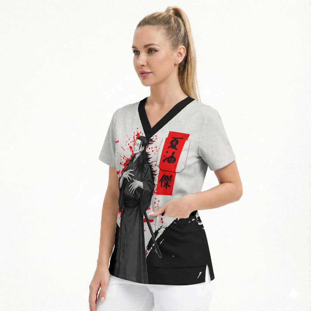 Suguru Geto Jujutsu Kaisen Samurai Style Scrub Top with Katana, Red Kanji Accents and Oni Mask Graphic - The Mazicc