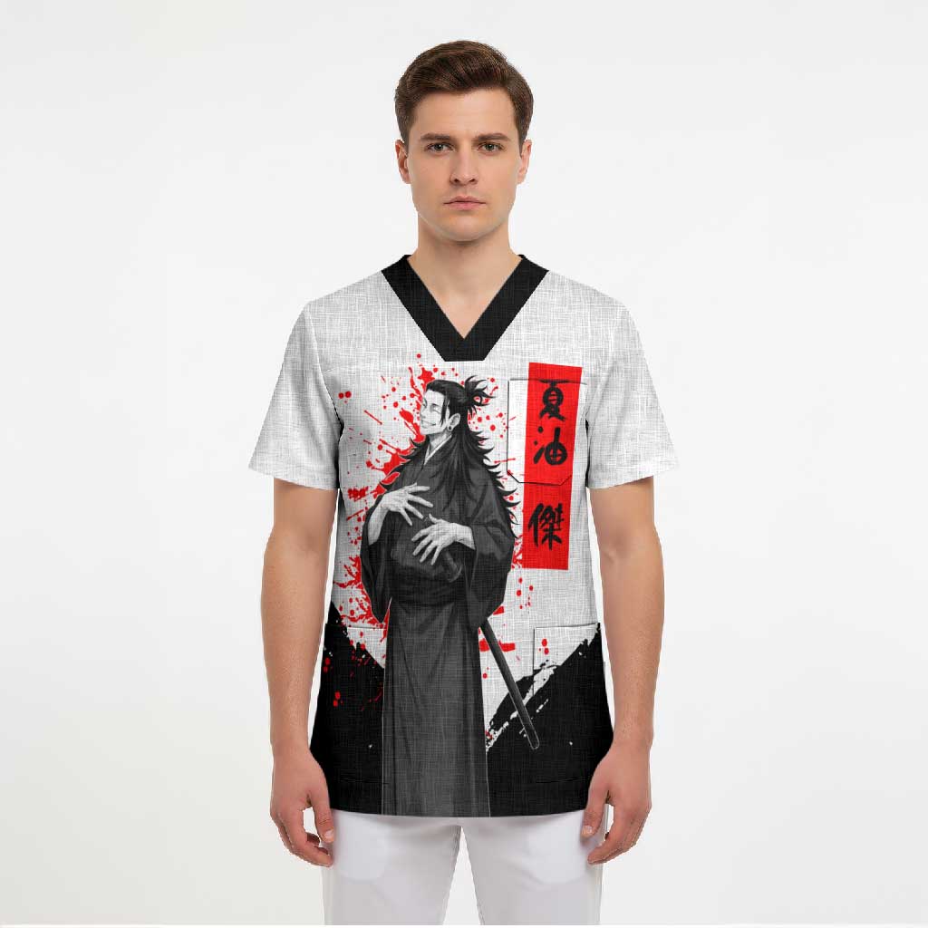 Suguru Geto Jujutsu Kaisen Samurai Style Scrub Top with Katana, Red Kanji Accents and Oni Mask Graphic - The Mazicc