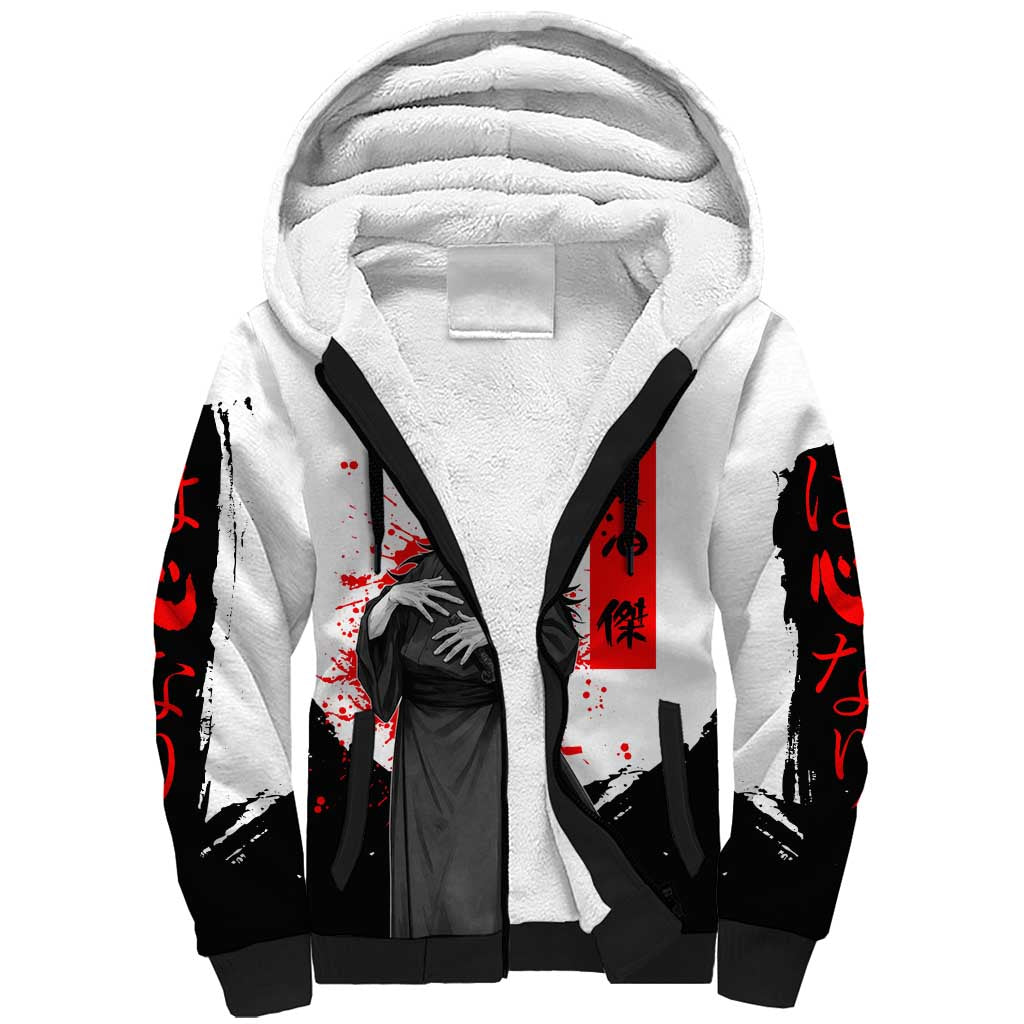 Suguru Geto Jujutsu Kaisen Samurai Style Sherpa Hoodie with Katana, Red Kanji Accents and Oni Mask Graphic - The Mazicc