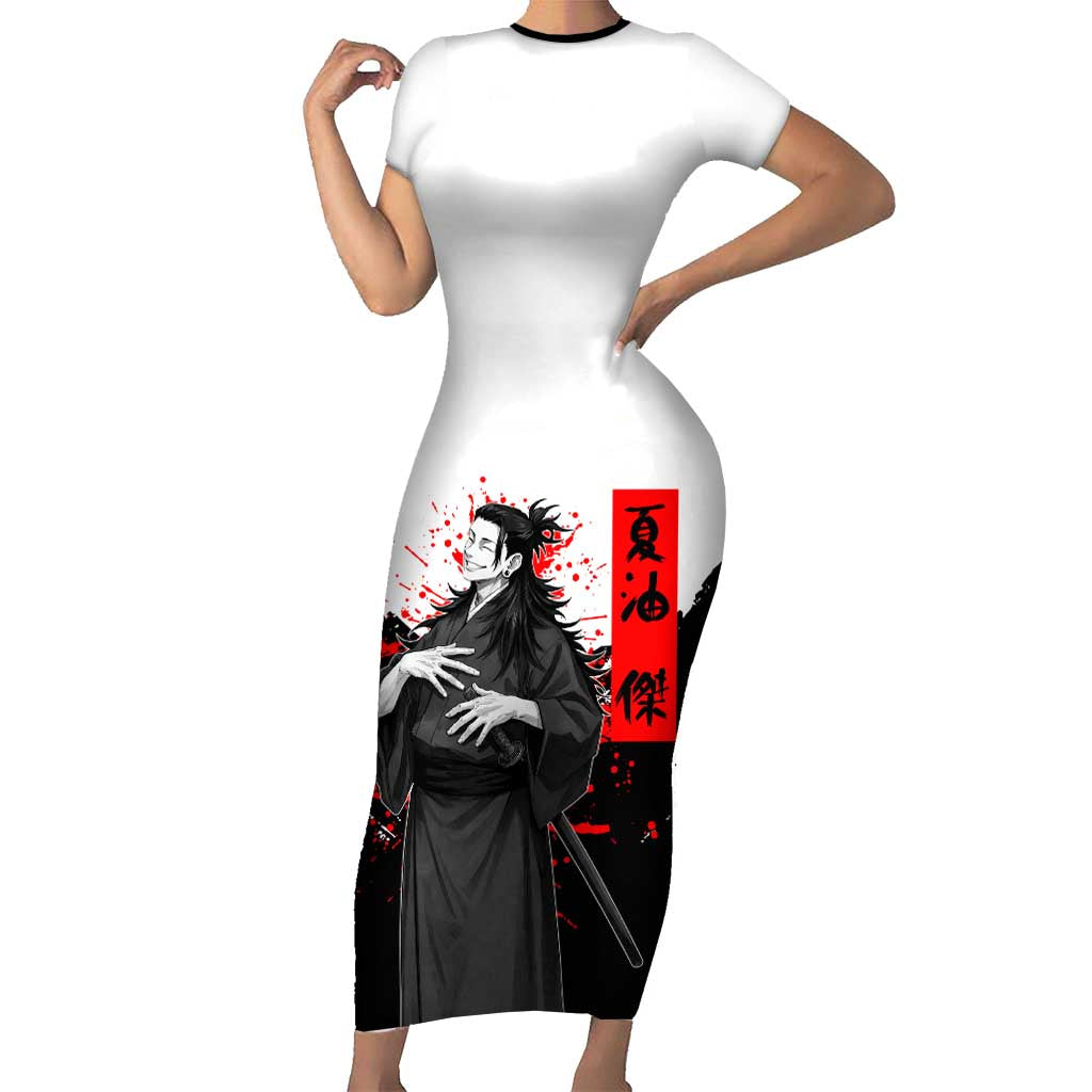 Suguru Geto Jujutsu Kaisen Samurai Style Short Sleeve Bodycon Dress with Katana, Red Kanji Accents and Oni Mask Graphic - The Mazicc