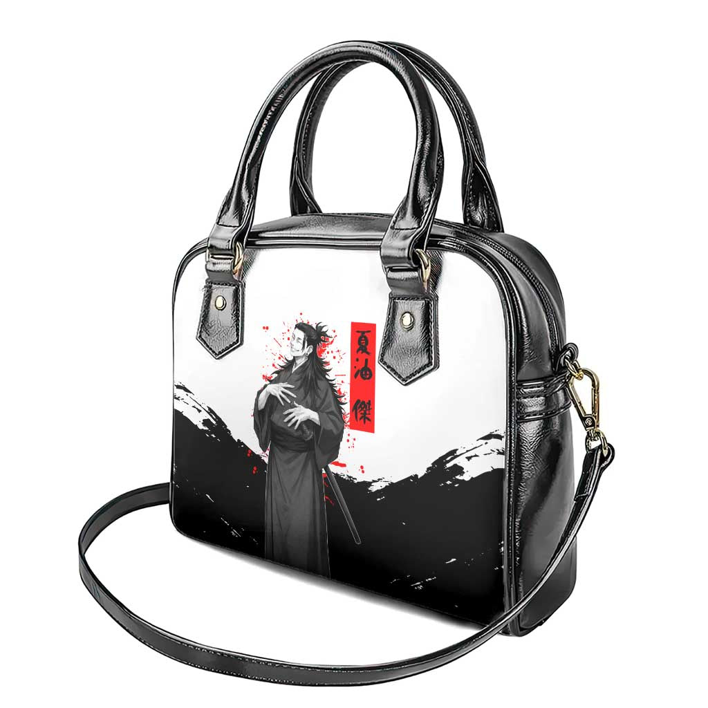 Suguru Geto Jujutsu Kaisen Samurai Style Shoulder Handbag with Katana, Red Kanji Accents and Oni Mask Graphic - The Mazicc