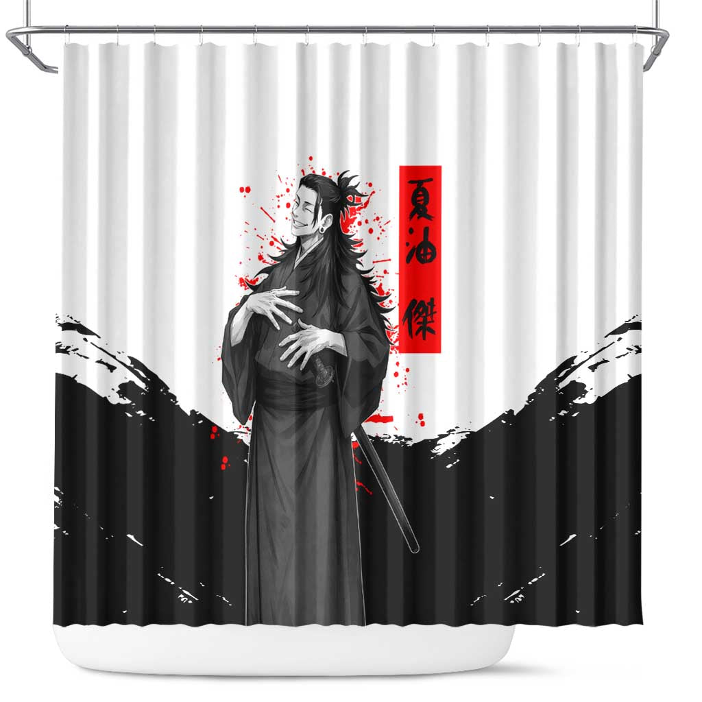 Suguru Geto Jujutsu Kaisen Samurai Style Shower Curtain with Katana, Red Kanji Accents and Oni Mask Graphic - The Mazicc