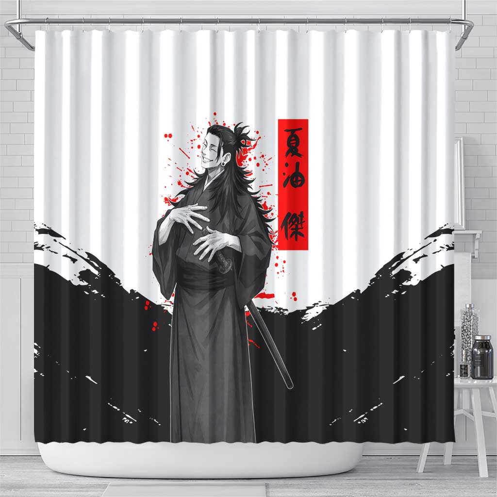 Suguru Geto Jujutsu Kaisen Samurai Style Shower Curtain with Katana, Red Kanji Accents and Oni Mask Graphic - The Mazicc