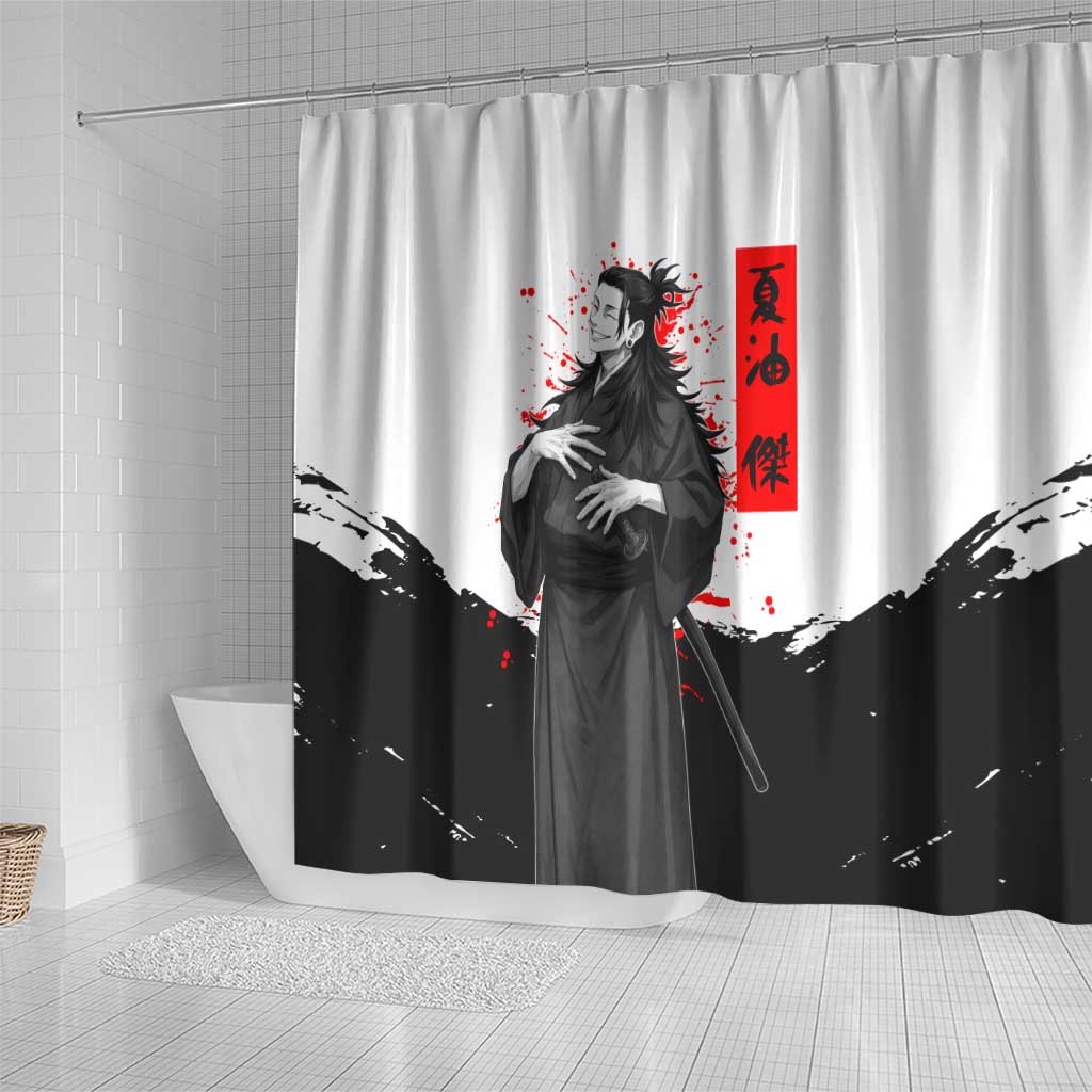 Suguru Geto Jujutsu Kaisen Samurai Style Shower Curtain with Katana, Red Kanji Accents and Oni Mask Graphic - The Mazicc
