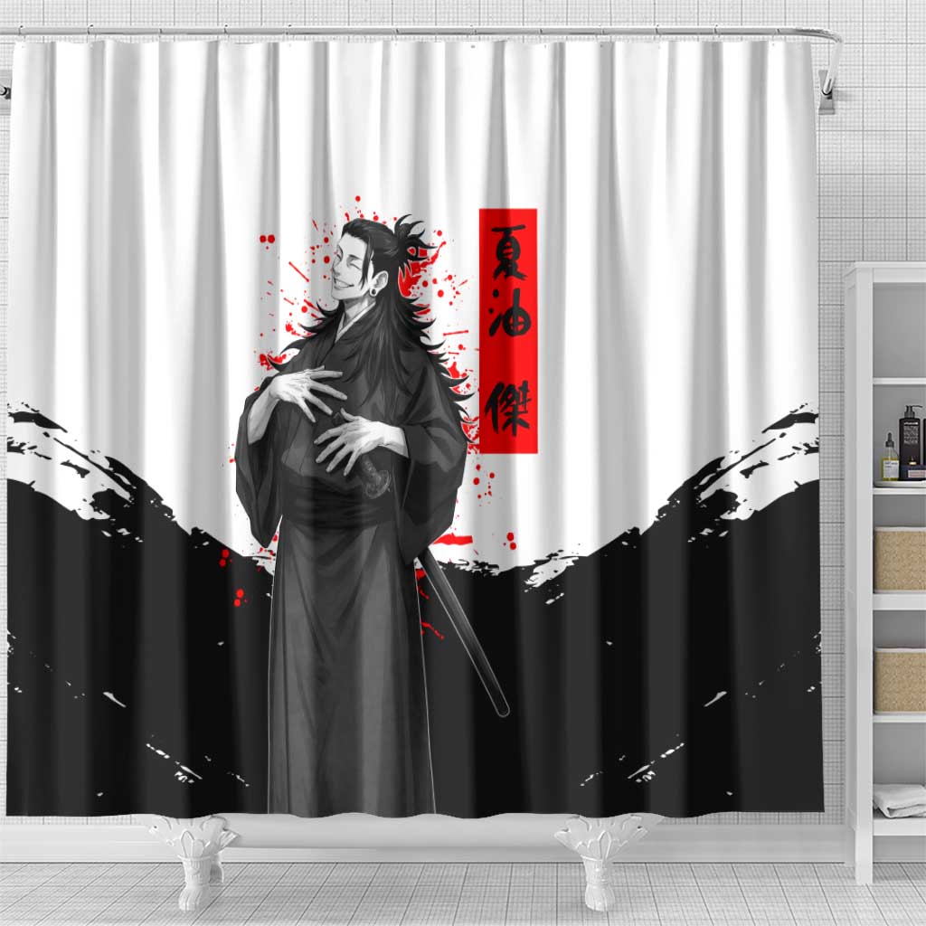 Suguru Geto Jujutsu Kaisen Samurai Style Shower Curtain with Katana, Red Kanji Accents and Oni Mask Graphic - The Mazicc