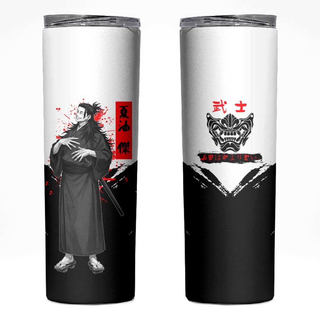 Suguru Geto Jujutsu Kaisen Samurai Style Skinny Tumbler with Katana, Red Kanji Accents and Oni Mask Graphic - The Mazicc