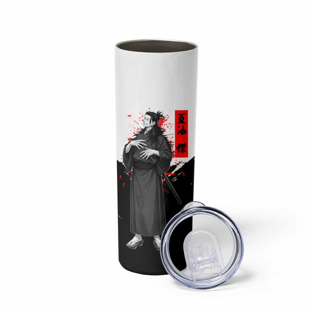 Suguru Geto Jujutsu Kaisen Samurai Style Skinny Tumbler with Katana, Red Kanji Accents and Oni Mask Graphic - The Mazicc