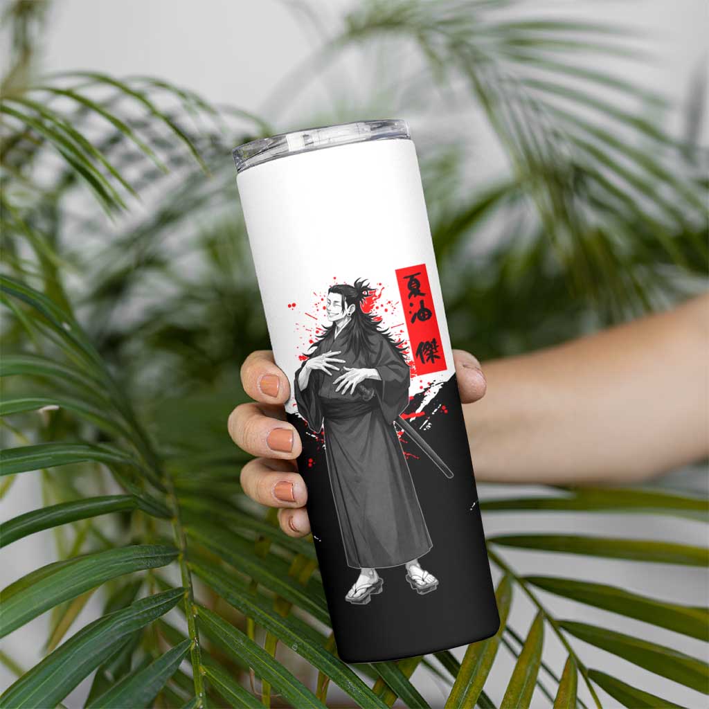 Suguru Geto Jujutsu Kaisen Samurai Style Skinny Tumbler with Katana, Red Kanji Accents and Oni Mask Graphic - The Mazicc