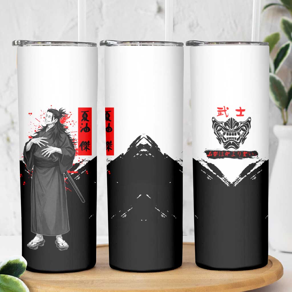 Suguru Geto Jujutsu Kaisen Samurai Style Skinny Tumbler with Katana, Red Kanji Accents and Oni Mask Graphic - The Mazicc