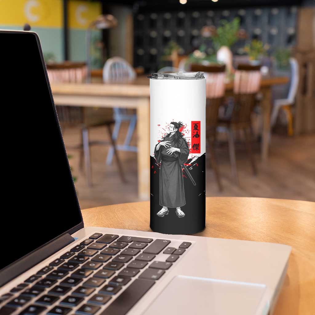Suguru Geto Jujutsu Kaisen Samurai Style Skinny Tumbler with Katana, Red Kanji Accents and Oni Mask Graphic - The Mazicc
