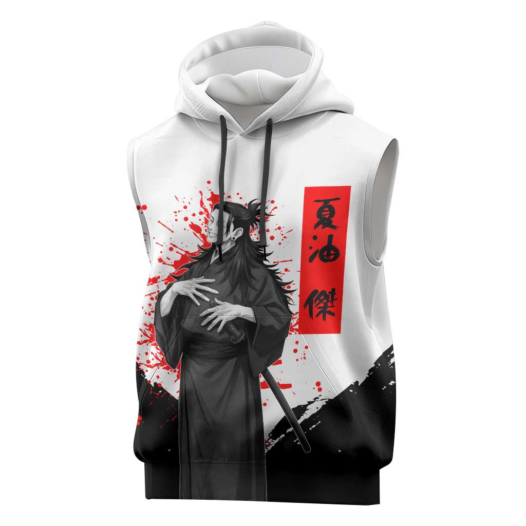 Suguru Geto Jujutsu Kaisen Samurai Style Sleeveless Hoodie with Katana, Red Kanji Accents and Oni Mask Graphic - The Mazicc