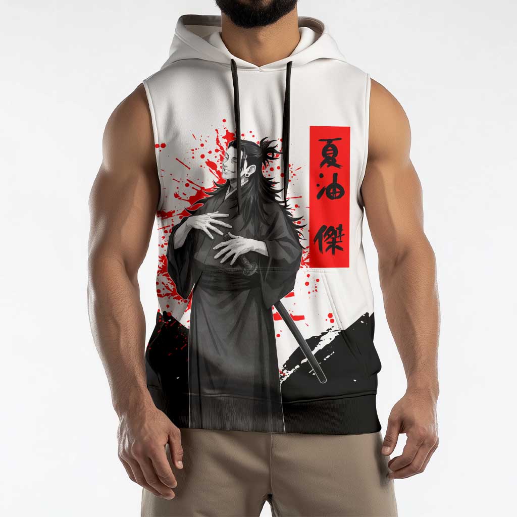 Suguru Geto Jujutsu Kaisen Samurai Style Sleeveless Hoodie with Katana, Red Kanji Accents and Oni Mask Graphic - The Mazicc