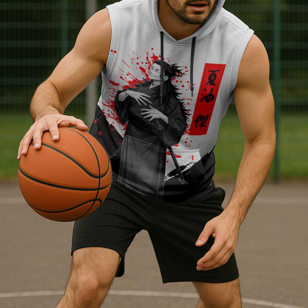 Suguru Geto Jujutsu Kaisen Samurai Style Sleeveless Hoodie with Katana, Red Kanji Accents and Oni Mask Graphic - The Mazicc