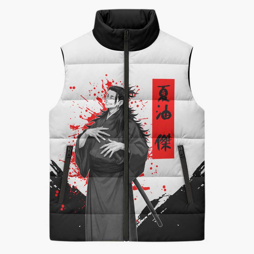 Suguru Geto Jujutsu Kaisen Samurai Style Sleeveless Puffer Jacket with Katana, Red Kanji Accents and Oni Mask Graphic - The Mazicc
