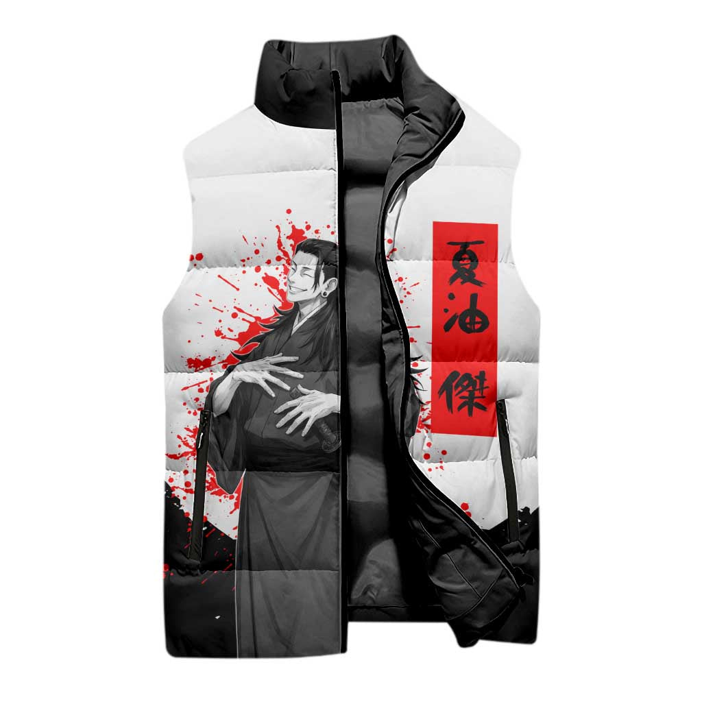 Suguru Geto Jujutsu Kaisen Samurai Style Sleeveless Puffer Jacket with Katana, Red Kanji Accents and Oni Mask Graphic - The Mazicc