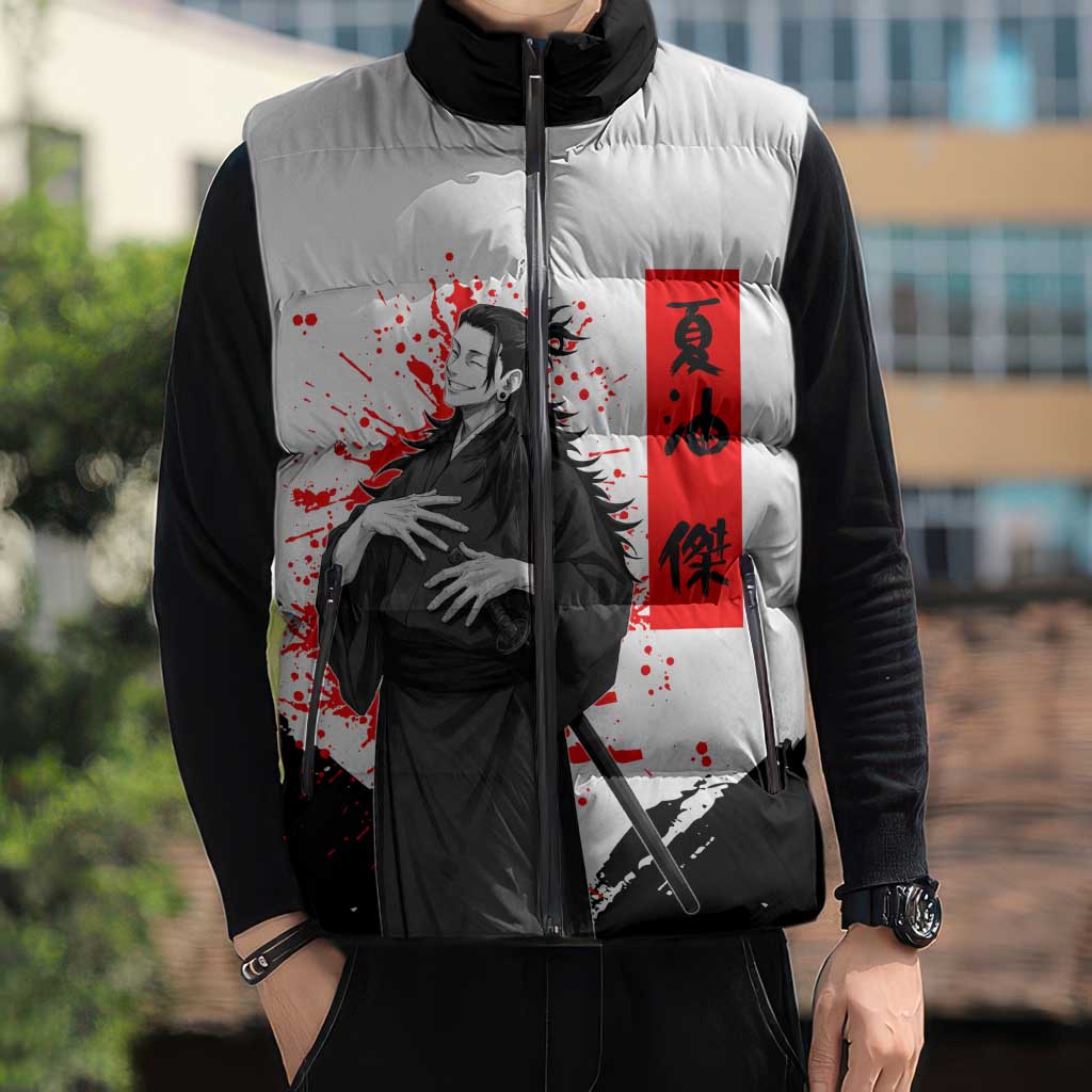 Suguru Geto Jujutsu Kaisen Samurai Style Sleeveless Puffer Jacket with Katana, Red Kanji Accents and Oni Mask Graphic - The Mazicc