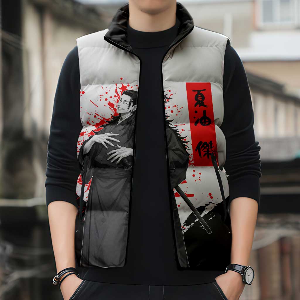 Suguru Geto Jujutsu Kaisen Samurai Style Sleeveless Puffer Jacket with Katana, Red Kanji Accents and Oni Mask Graphic - The Mazicc