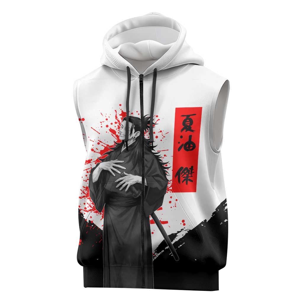 Suguru Geto Jujutsu Kaisen Samurai Style Sleeveless Zip Hoodie with Katana, Red Kanji Accents and Oni Mask Graphic - The Mazicc