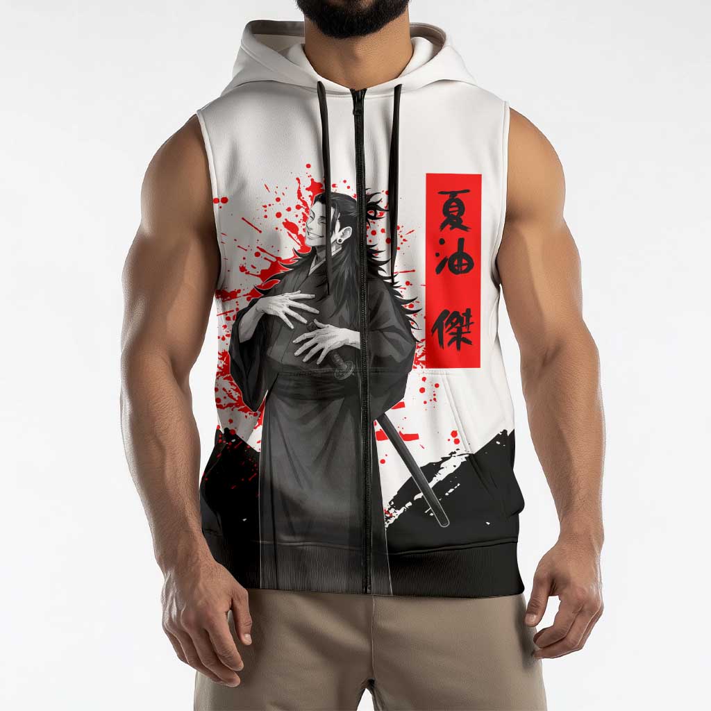 Suguru Geto Jujutsu Kaisen Samurai Style Sleeveless Zip Hoodie with Katana, Red Kanji Accents and Oni Mask Graphic - The Mazicc