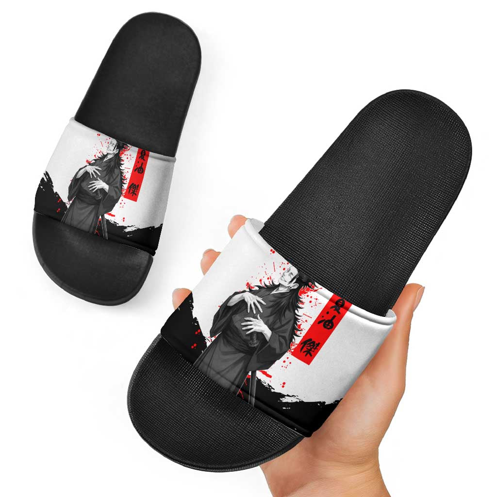 Suguru Geto Jujutsu Kaisen Samurai Style Slide Sandals with Katana, Red Kanji Accents and Oni Mask Graphic - The Mazicc