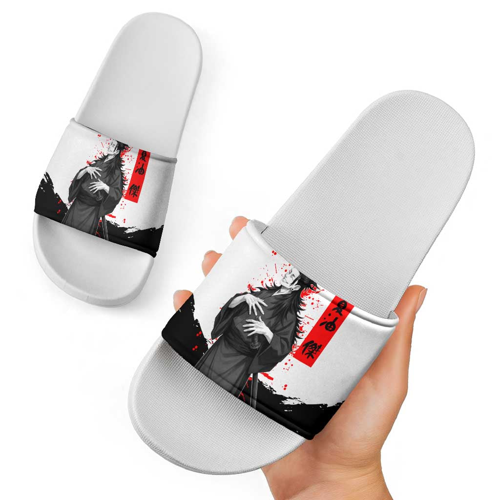 Suguru Geto Jujutsu Kaisen Samurai Style Slide Sandals with Katana, Red Kanji Accents and Oni Mask Graphic - The Mazicc