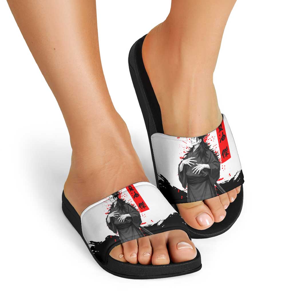 Suguru Geto Jujutsu Kaisen Samurai Style Slide Sandals with Katana, Red Kanji Accents and Oni Mask Graphic - The Mazicc