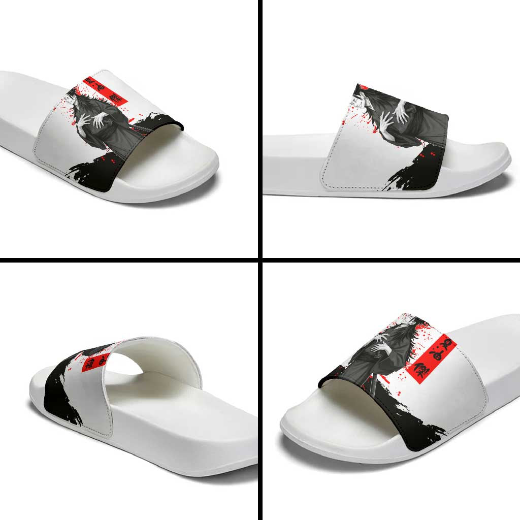 Suguru Geto Jujutsu Kaisen Samurai Style Slide Sandals with Katana, Red Kanji Accents and Oni Mask Graphic - The Mazicc