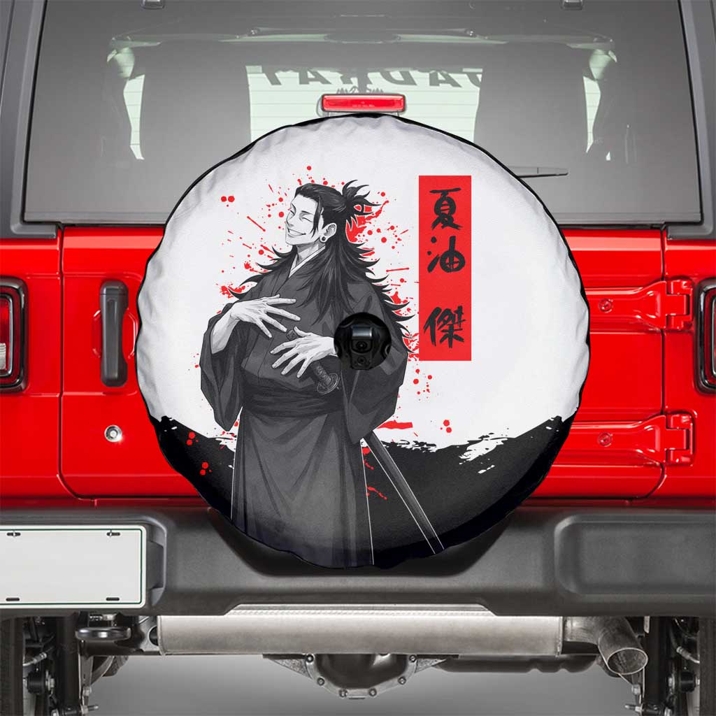 Suguru Geto Jujutsu Kaisen Samurai Style Spare Tire Cover with Katana, Red Kanji Accents and Oni Mask Graphic - The Mazicc