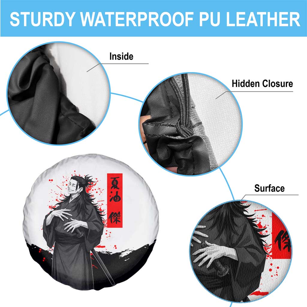 Suguru Geto Jujutsu Kaisen Samurai Style Spare Tire Cover with Katana, Red Kanji Accents and Oni Mask Graphic - The Mazicc