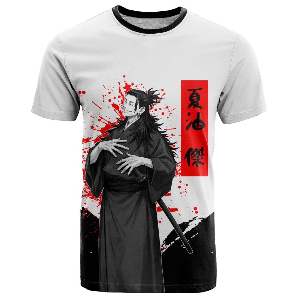 Suguru Geto Jujutsu Kaisen Samurai Style T Shirt with Katana, Red Kanji Accents and Oni Mask Graphic - The Mazicc