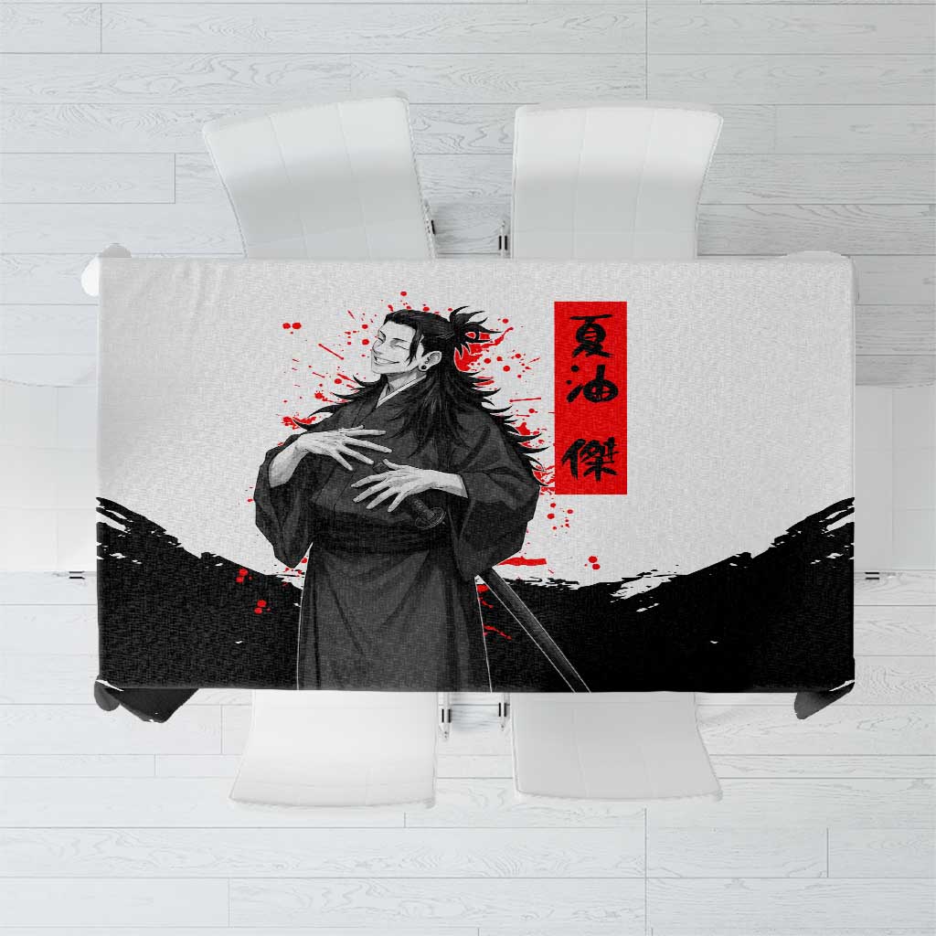 Suguru Geto Jujutsu Kaisen Samurai Style Tablecloth with Katana, Red Kanji Accents and Oni Mask Graphic - The Mazicc
